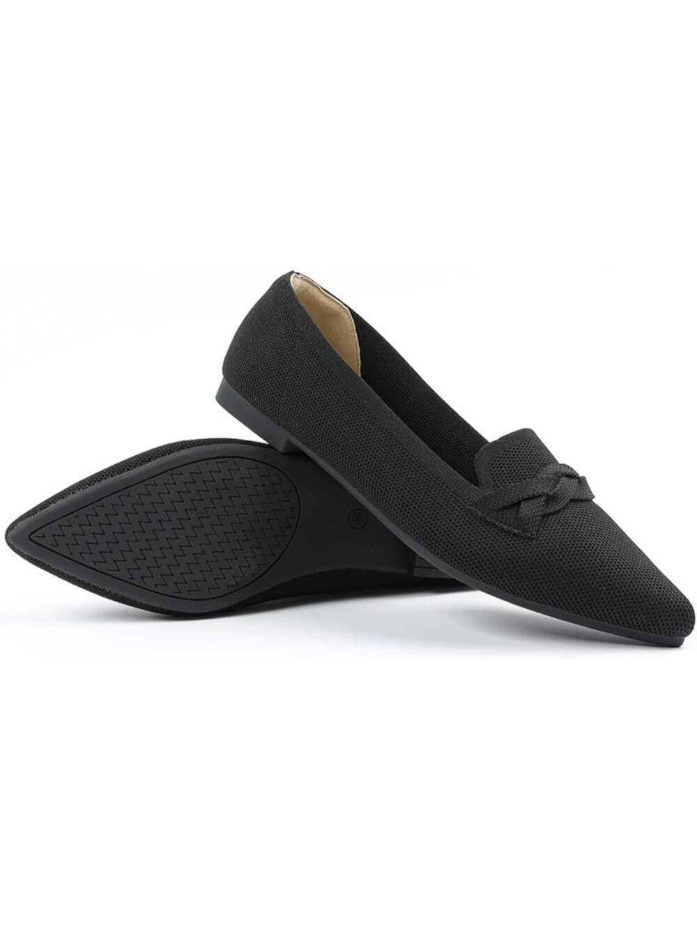 Women's Black 1 Pointed Toe Ballet Flats Comfortable Knit Dressy Bow Flats Shoes - Picture 5 of 6